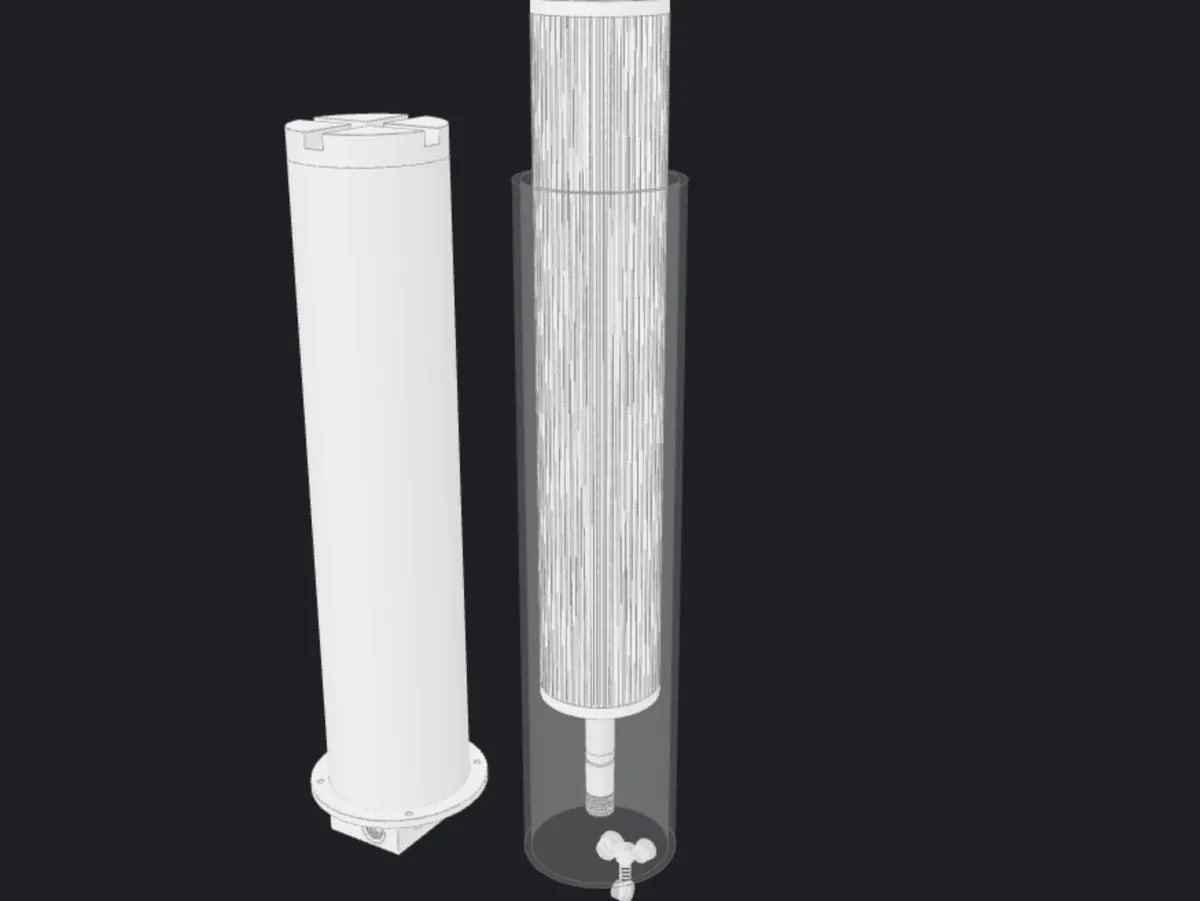 Modelo CAD real del RMF: definición geométrica de la columna de filtración, carcasa y tubo central